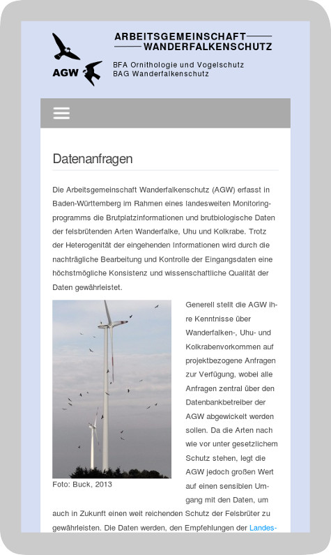 Webseite Arbeitsgemeinschaft Wanderfalken - Smartphone